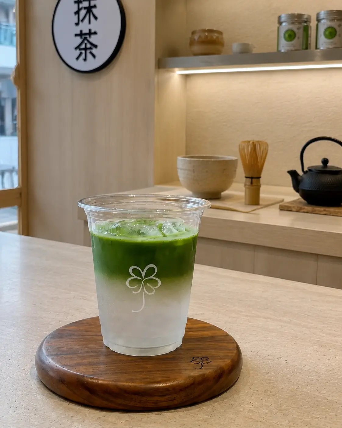 Coconut matcha over lightly cloudy coconut water photographed in the circular-sign corner of URIMATCHA
