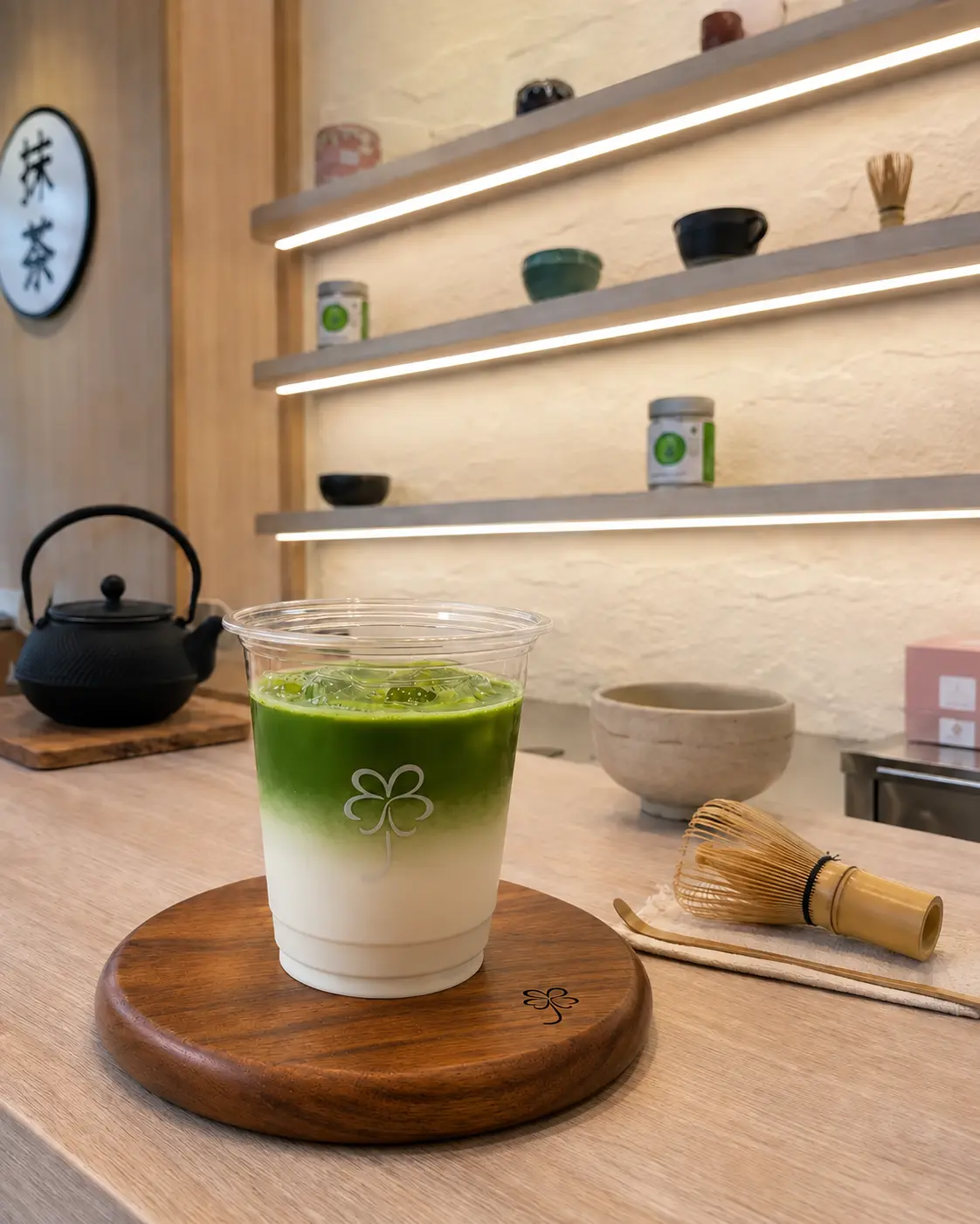 Layered Japanese matcha latte photographed beside the illuminated shelves inside URIMATCHA