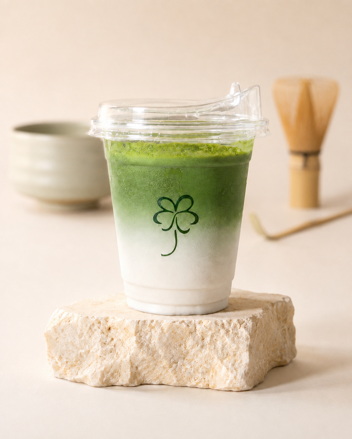 URIMATCHA matcha latte on a pale stone block with traditional matcha tools