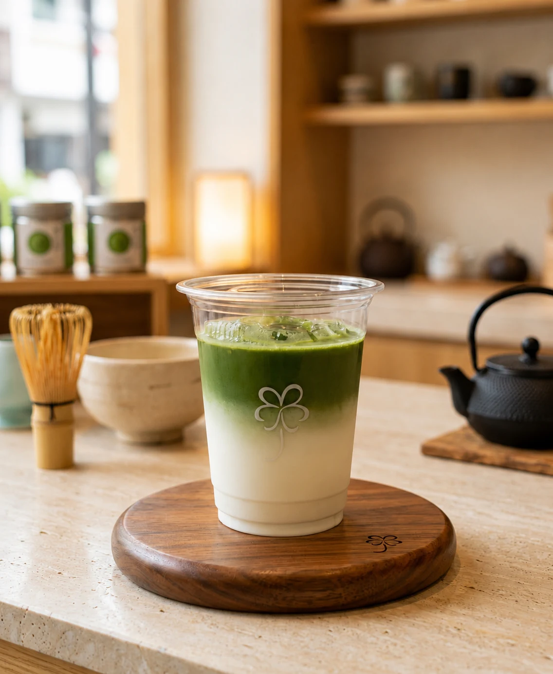 URIMATCHA ceremonial-grade Japanese matcha latte presented on a dark wooden board with traditional matcha tools