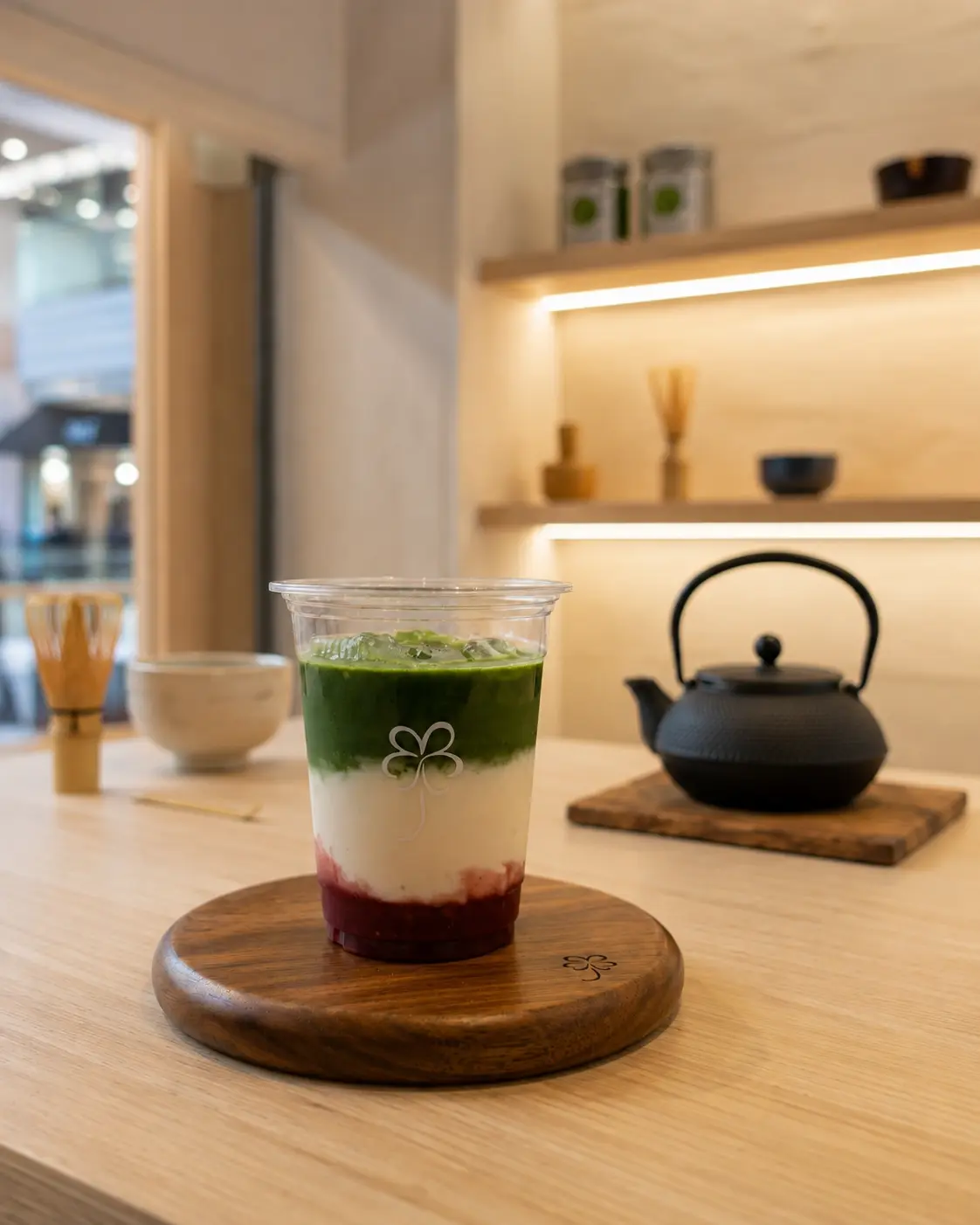 Strawberry matcha photographed beside the preparation counter and Nambu Tekki inside URIMATCHA