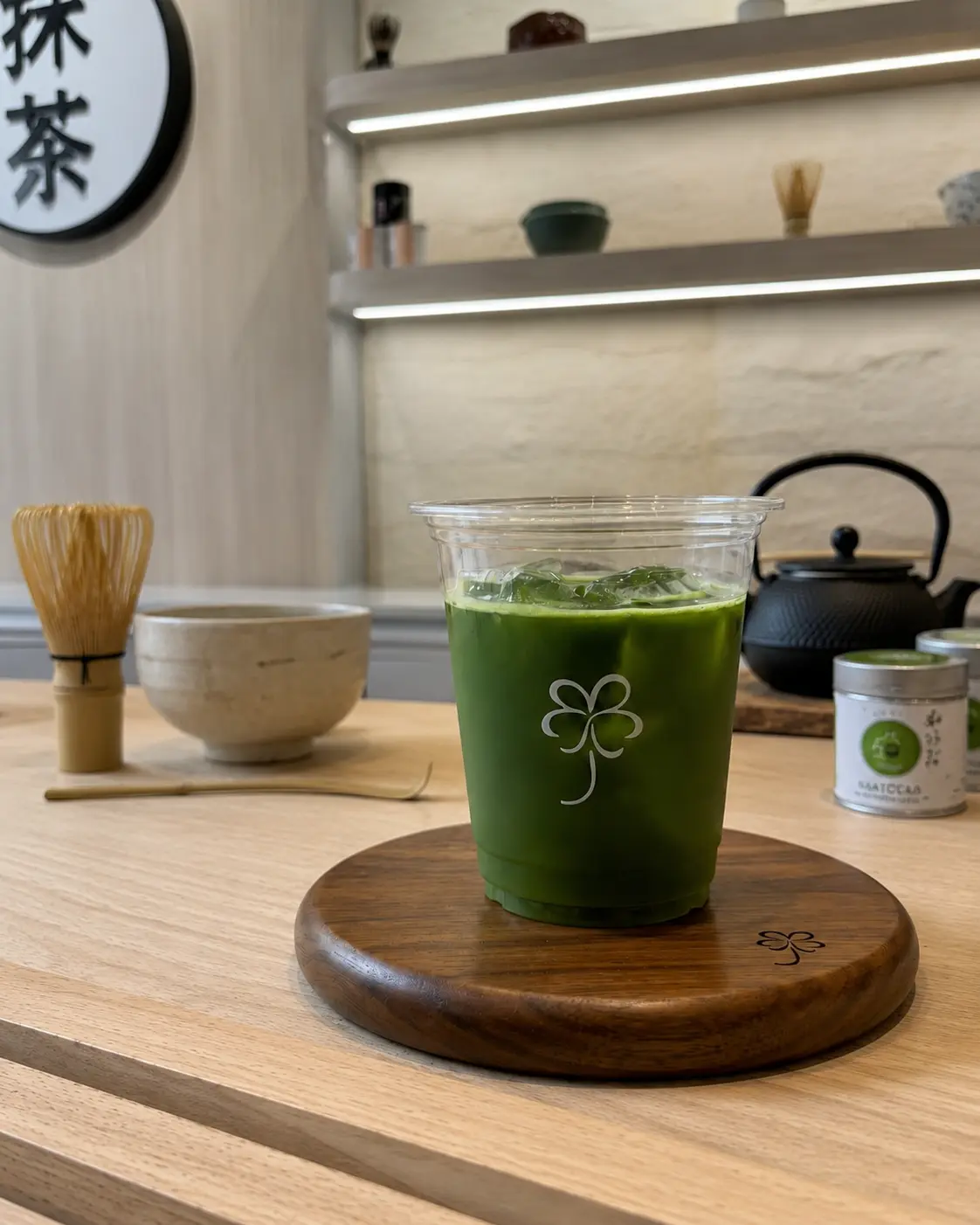 Iced Japanese usucha photographed inside the URIMATCHA shop with Nambu Tekki and matcha tools